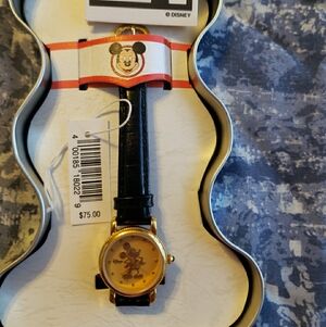 Disney Time Works Black And Gold Mickey Mouse Leather Watch In Mickey Mouse Tin